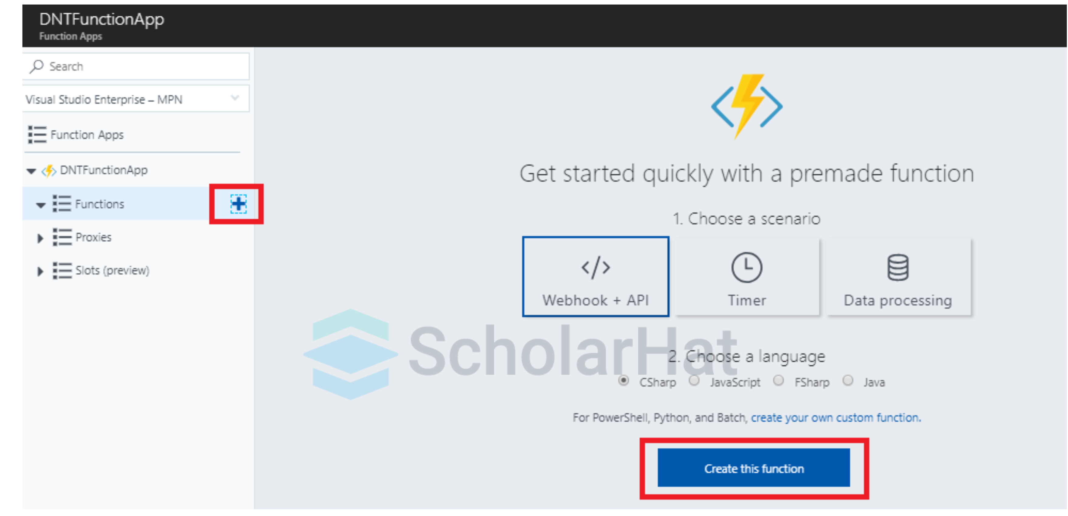Click on the add (+) symbol to add an Azure function