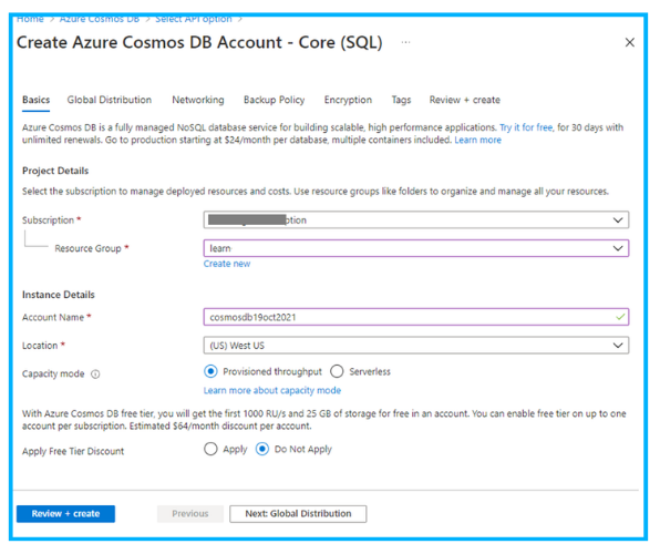 Step 3: Create Azure Cosmos DB Account -Core (SQL)