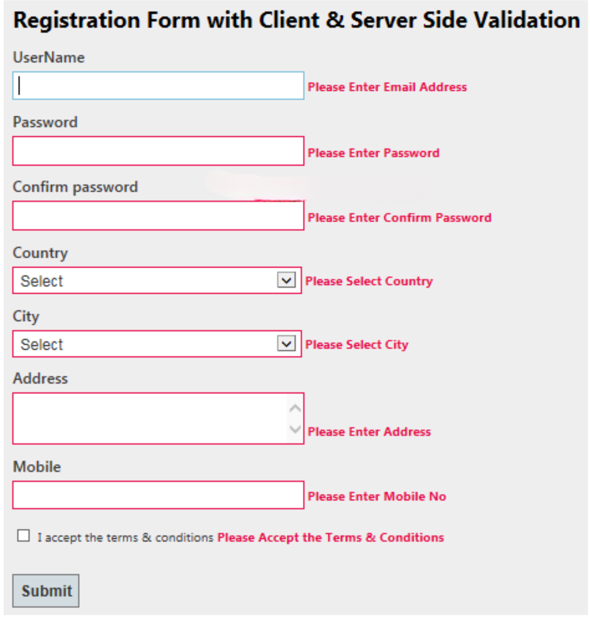 Validation of the registration form