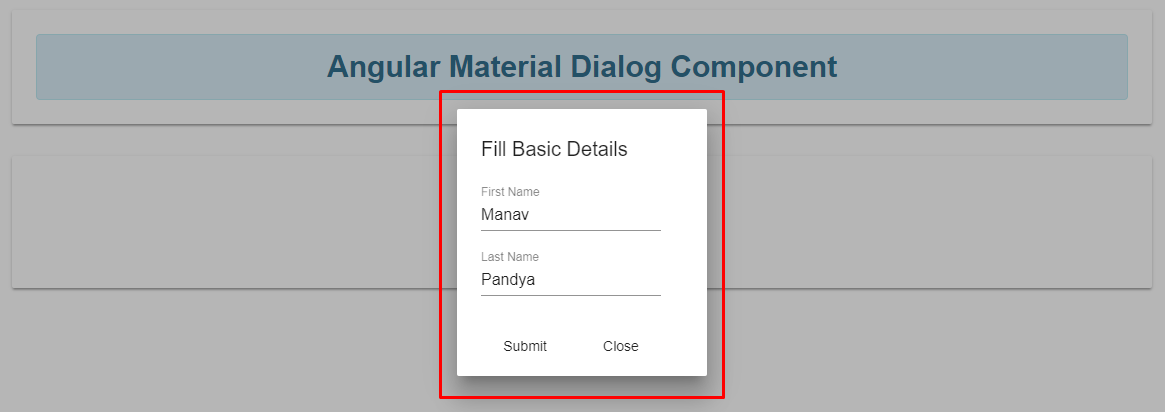 Angular Material Dialog Component with form details