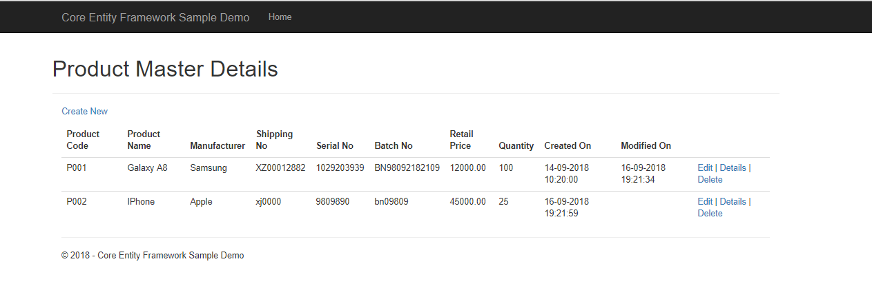 Core Entity Framework Sample Demo